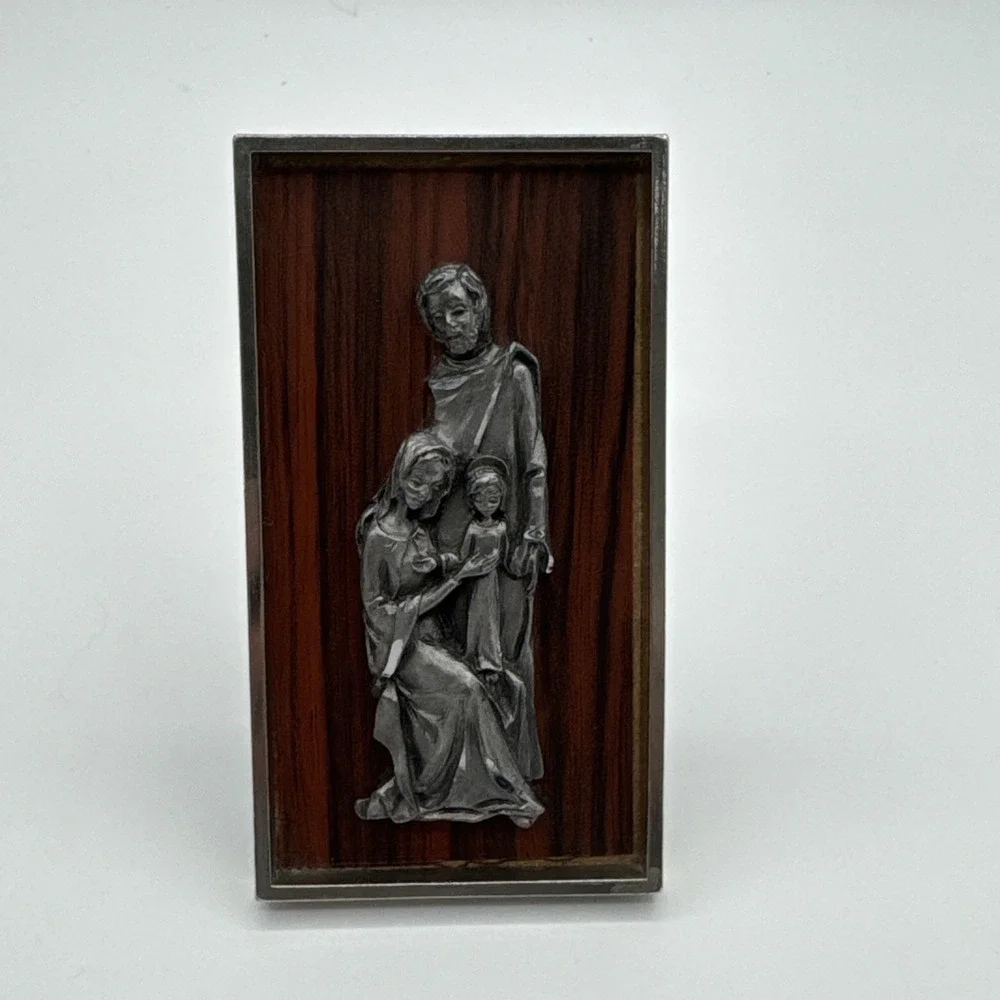 Vintage Italian PELTRY Holy Family Plaque Pewter Wood MCM Wall Art Italy